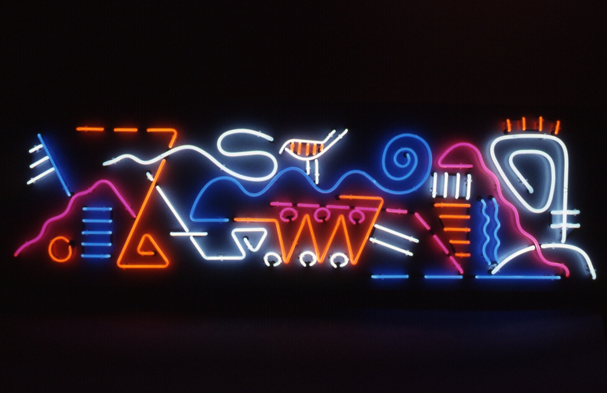 <em>Noah’s Neon,</em>. 1992 Neon, 24” x 72”.