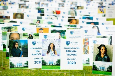 Dillard University Virtual Commencement 2020 Lawn signs with portraits of Dillard University's Class of 2020 at the school's quad