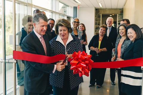 Kresge Dedication Rip Rapson and Elaine Rosen cutting ribbon at dedication ceremony