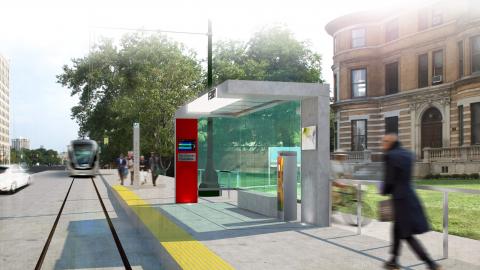 Rendering of QLINE station Man walking toward QLINE/M-1 station