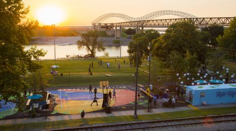 Memphis River Play at The Fourth Bluff Aerial view of Memphis' Fourth Bluff park, basketball court and river are visible