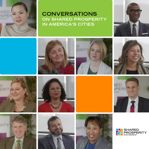 Conversations on Shared Prosperity in America's Cities tiled image with SP2 logo and head shots of city leaders