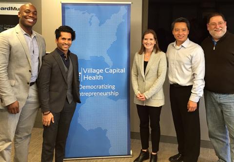 village-capital-startups.jpg (Left to right) Benjamin Lefever and Huzefa Dossaji of Certintell, Victoria Fram of Village Capital, Alex Go and Len Bargellini of LivWell Health.