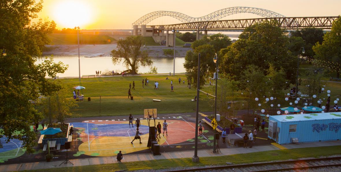 Memphis River Play at The Fourth Bluff Aerial view of Memphis' Fourth Bluff park, basketball court and river are visible