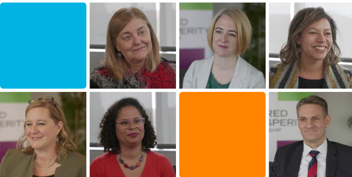 Conversations on Shared Prosperity in America's Cities tiled image with SP2 logo and head shots of city leaders