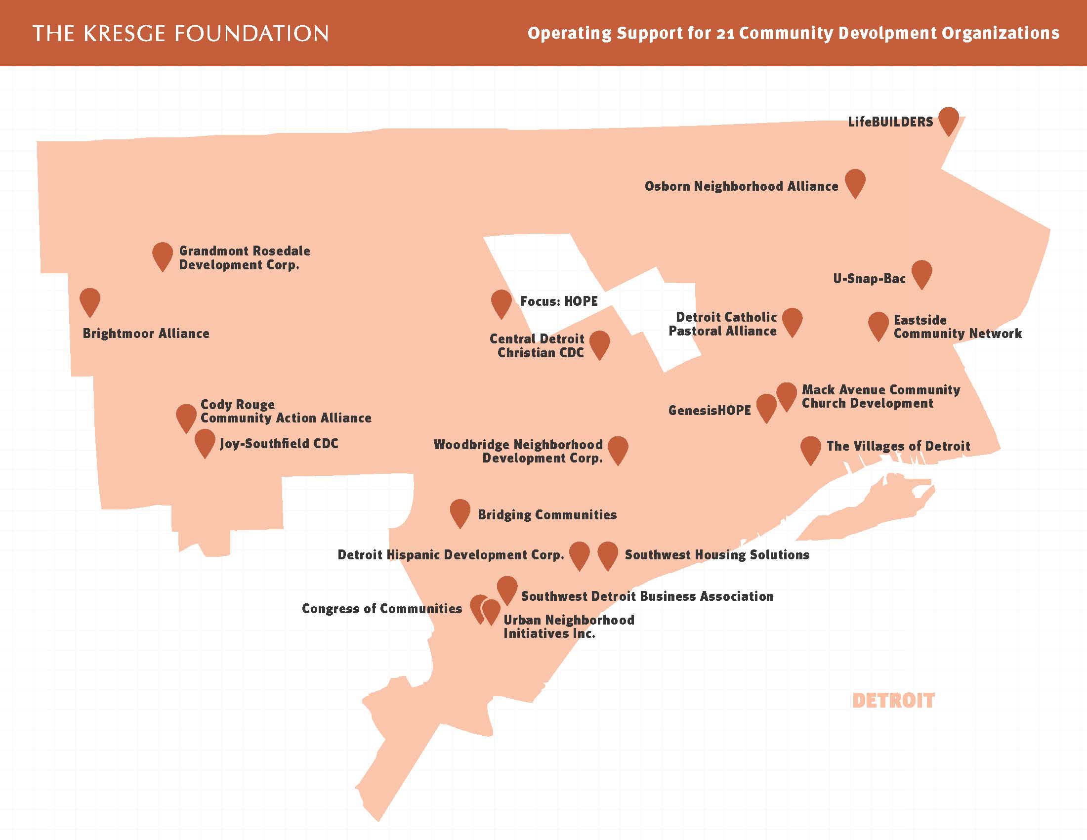Detroit community development organizations receiving operating support from Kresge Map showing sites of 21 Detroit community development organizations receiving Kresge operating supports