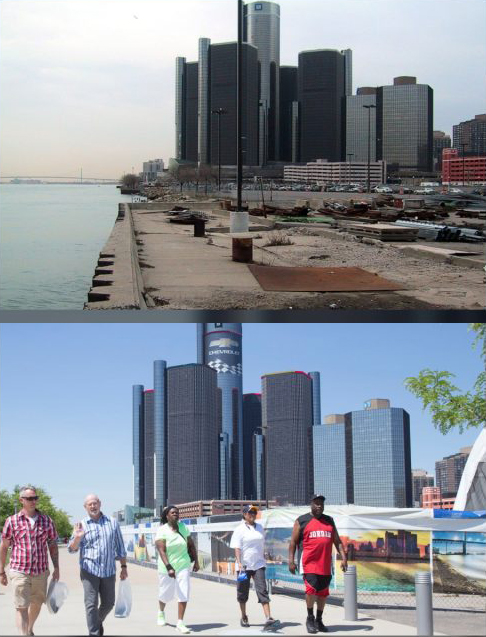 A before and after photo of the Detroit riverfront. The before photo shows the desolate areas along the riverfront and parking lots next to the Renaissance Center complex. The after photo shows the location after the renovated Detroit RiverWalk opened. 