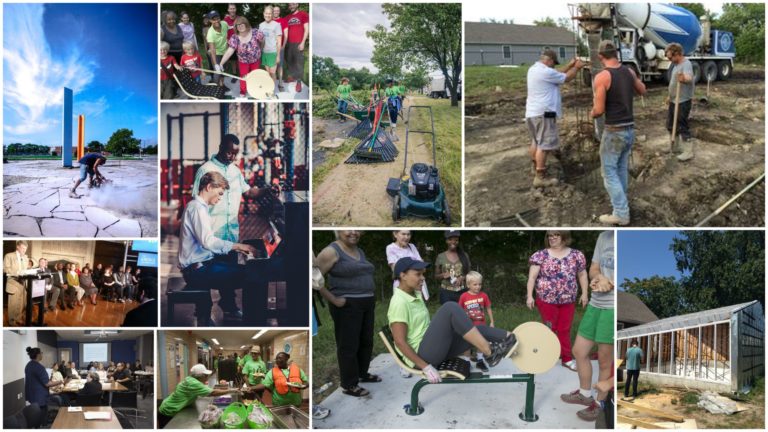 Collage of photos of early Kresge Innovative Projects: Detroit efforts, including men with shovels working near a cement mixer, lawn mowers set out for a community cleanup, a woman cutting a ribbon for park exercise equipment, picture of teen at piano at a boxing gym, etc.