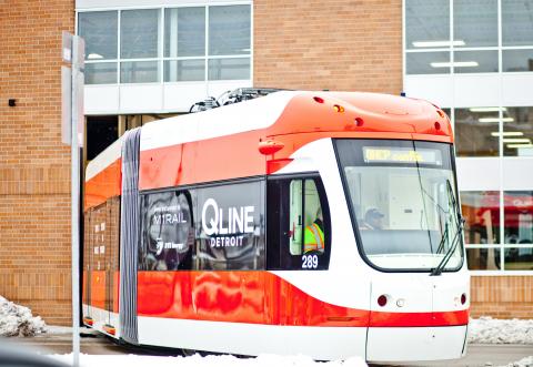 An M-1 streetcar rolls out of the Penske Tech Center for the first time
