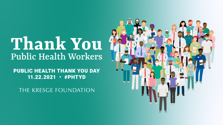 The graphic reads "Thank You Public Health Workers, Public Health Thank You Day, 11.22.21" above the Kresge Foundation logo. To the right on a teal background are illustrations of people shaped into a heart.
