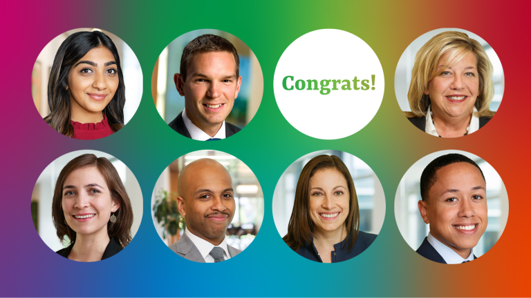 On a mutli-colored background are eight circles, even with headshots in them. In the top row are Sidra Fatima, Bryan Hogle, the word "Congrats!" and Krista Lowes. In the second row are Ines Familiar Miller, Ed Smith, Stephanie Davidson and Will Guzman. 