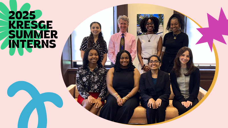 Seven summer interns and Kresge president Rip Rapson pose for group photo and text: 2025 Kresge Summer Interns