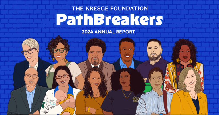 A blue brick background with the text: The Kresge Foundation PathBreakers 2024 Annual Report, and an illustration of a diverse group of twelve community leaders.