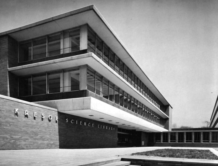 A black-and-white photo of the Kresge Science Library building on the campus of Wayne State University.