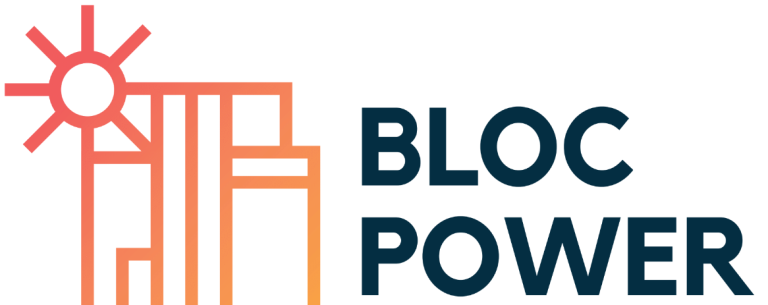 BlocPower logo with orange outlined buildings and the sun on the left and BlocPower on the right,