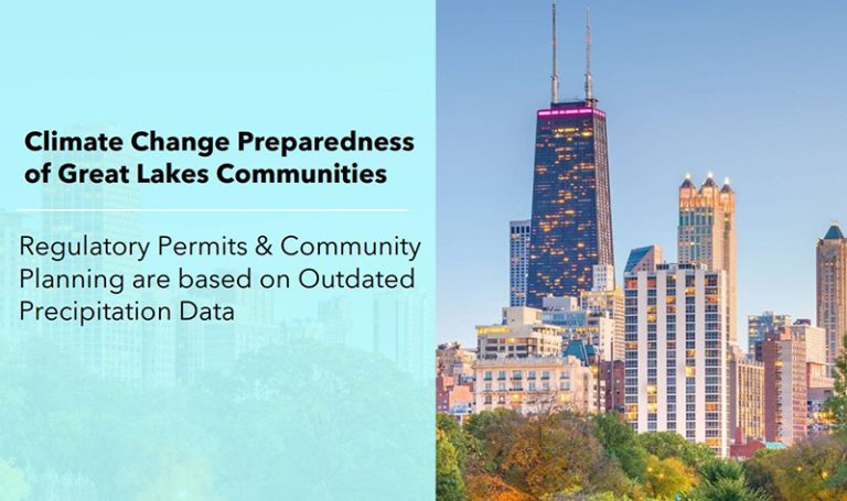 The cover of a report with a photo of skyscrapers in Chicago and the text: Climate Change Preparedness of Great Lakes Communities: Regulatory Permits & Community Planning are based on Outdated Precipitation Data