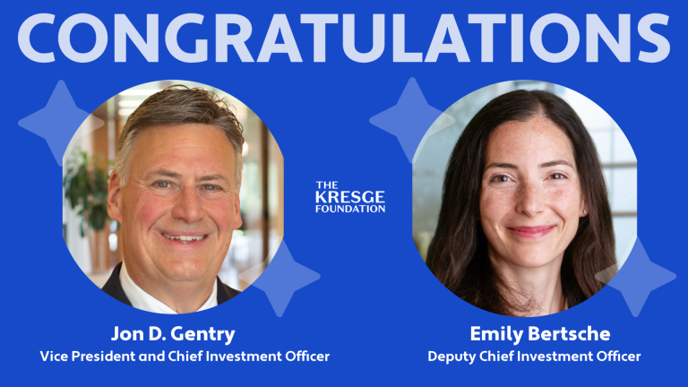 A blue background with the word "congratulations" at the top, below shows two faces: a white man on the left, a white woman on the right. Below their photos are their names: - Jon D. Gentry, the new Vice President and Chief Investment Officer - Emily Berscht, the Deputy Chief Investment Officer