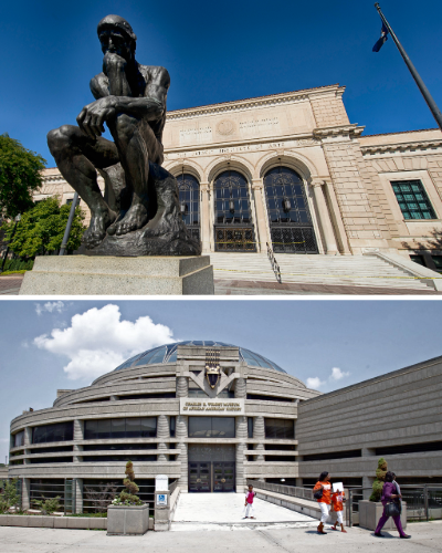 Two photos: The exterior of the Detroit Institute of Arts Museum with a large sculpture in front and the Charles H. Wright Museum of African American History, a circular building with large dome on top 
