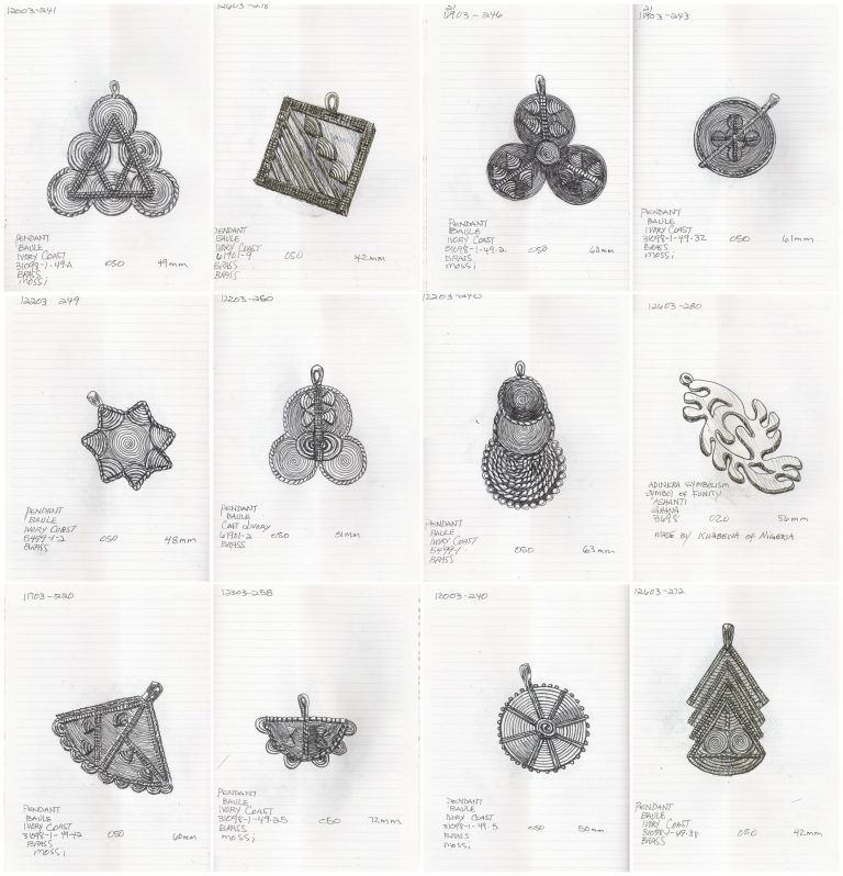 Intricate line drawings of a dozen earrings.