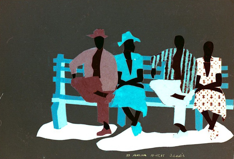 Paper cutout image of four figures on a blue park bench