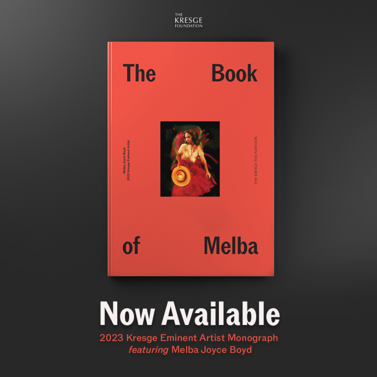 The orange cover of the Book of Melba and the text: Now Available 2023 Kresge Eminent Artist Monograph featuring Melba Joyce Boyd