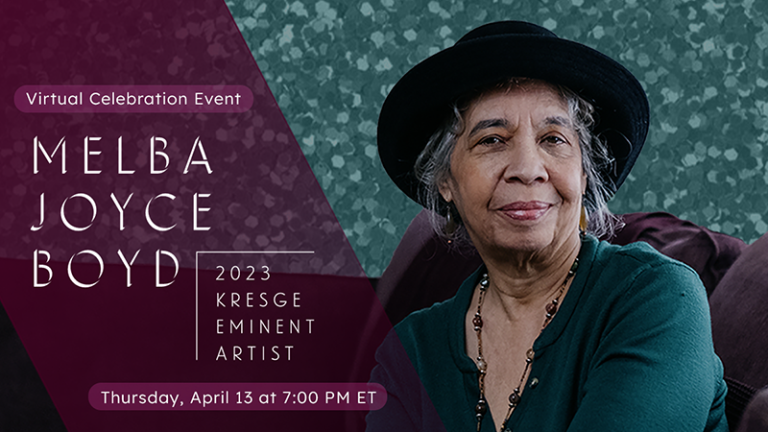 Poet and scholar Melba Joyce Boyd in a wide brim black hat is smiling and sitting on a purple chair. Text reads: Virtual Celebration Event 2023 Kresge Eminent Artist Melba Joyce Boyd | Thursday, April 13 at 7:00 pm ET