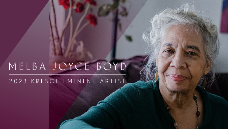 A photo of Melba Joyce Boyd, an African American poet and educator, sitting on a couch. Text: 2023 Kresge Eminent Artist Melba Joyce Boyd