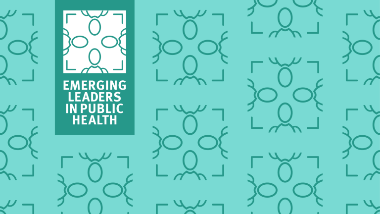 The graphic is a teal square filled with a pattern of outlines of four people sitting around a square table. At the top left are the words Emerging Leaders in Public Health .