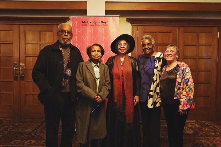 Kresge Eminent Artists Bill Harris (2011), Shirley Woodson (2021), Melba Joyce Boyd (2023), Gloria House (2019) and Leni Sinclair (2016) celebrate at the 2023 Kresge Eminent Artist monograph event. (Photo by Cybelle Codish)