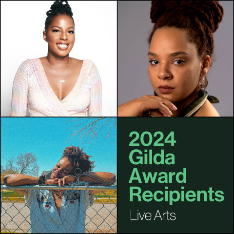 A photo grid of three head shots and the text: 2024 Gilda Award Recipients Live Arts 