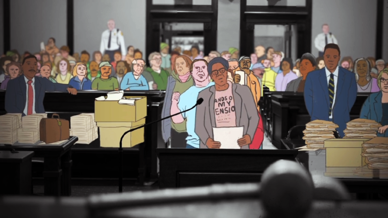 A still from the film 'Gradually, Then Suddenly' that uses a combination of animation, interviews and dramatic reenactments to tell the story of Detroit's municipal bankruptcy. The still shows an animated courtroom proceeding with residents lined up to comment.