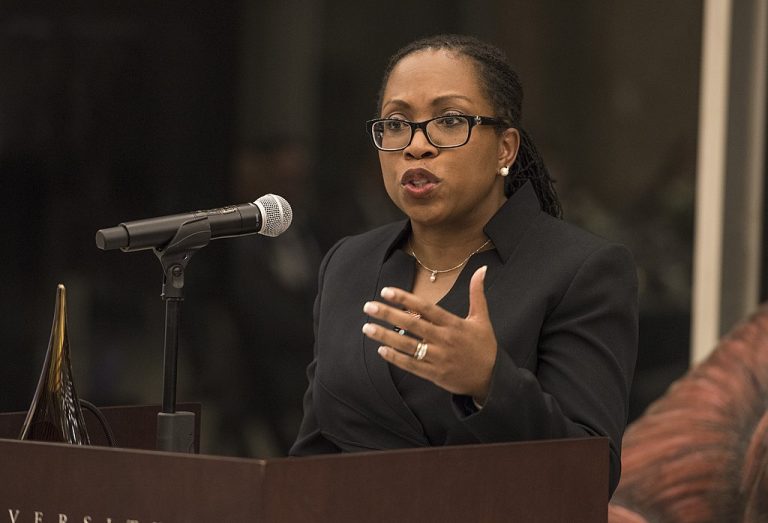 Judge Ketanji Brown Jackson is seen speaking at a lectern at the Third Annual Judge James B. Parsons Legacy Dinner on Feb. 24, 2020.