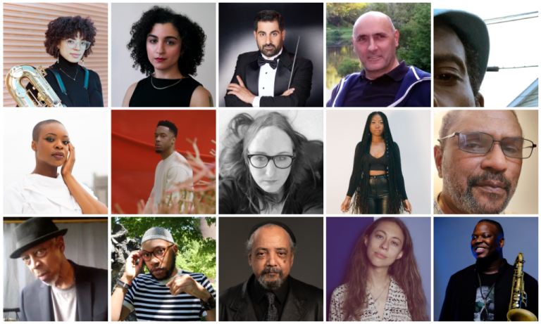Grid of head-shot portraits of 15 Kresge Artist Fellows in film and music