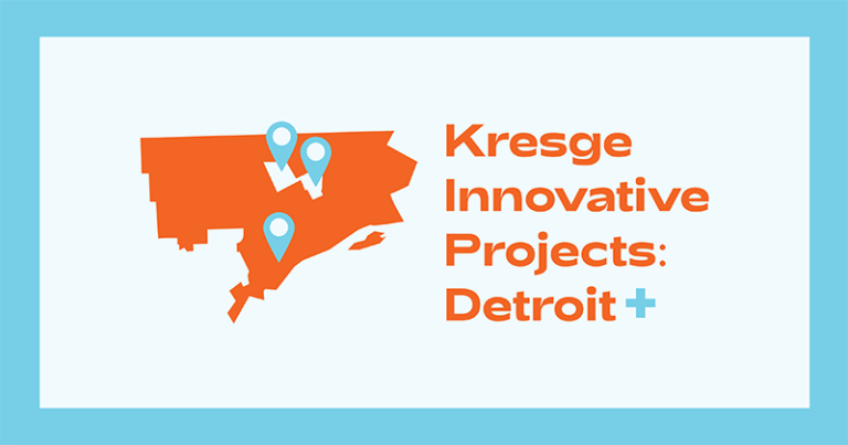 A graphic with the text: Kresge Innovative Projects: Detroit +, and a map of Detroit, Highland Park and Hamtramck