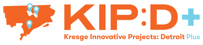 Wordmark for Kresge Innovative Projects: Detroit Plus, which includes the acronym KIP:D+ and the outline of a map of Detroit