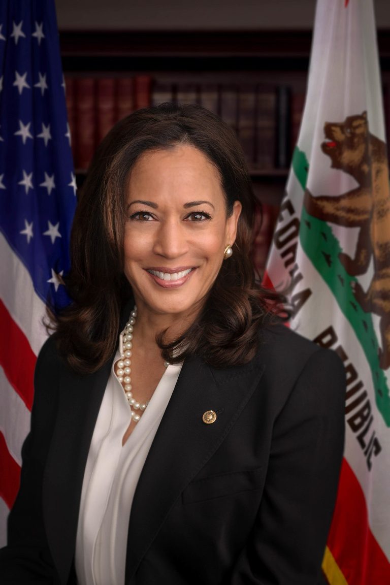 A photo of Vice President Kamala Harris in a dark suit standing in front of the American flag.