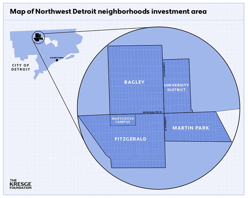 Map of Northwest Detroit neighborhoods investment area: Includes map of Detroit with the neighborhoods highlighted