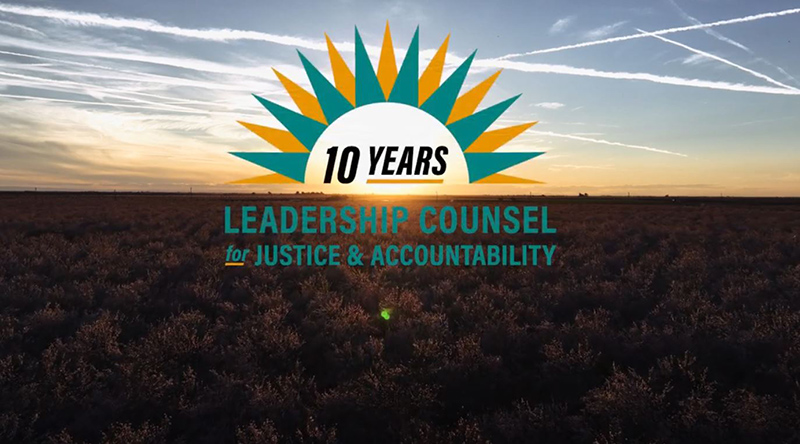A graphic with an illustration of the sun and a field and text: 10 Years Leadership Counsel for Justice & Accountability