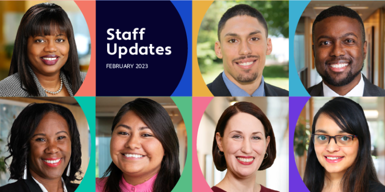 A graphic with the text Staff Updates February 2023, and the head shots of seven Kresge staff members.