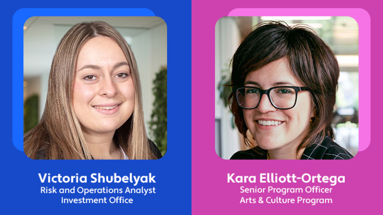 A graphic with the photo, name, title and department of two new Kresge hires: Victoria Shubelyak, Risk and Operations Analyst, Investment Office; and Kara Elliott-Ortega, Senior Program Officer, Arts & Culture Program