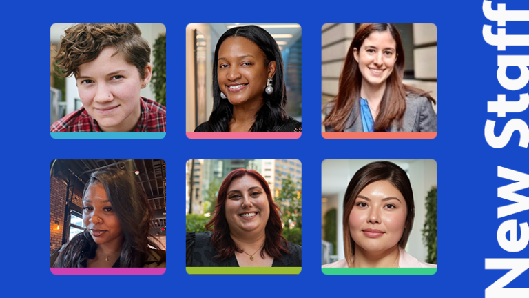A graphic with a blue background and six head shots of new Kresge staff.