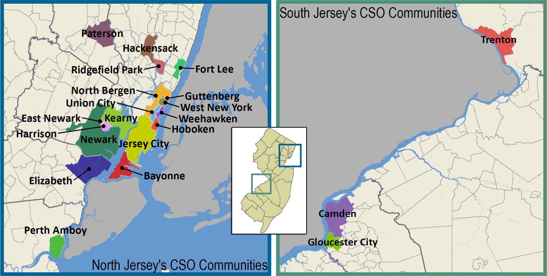 Two maps side by side of North Jersey and South Jersey 