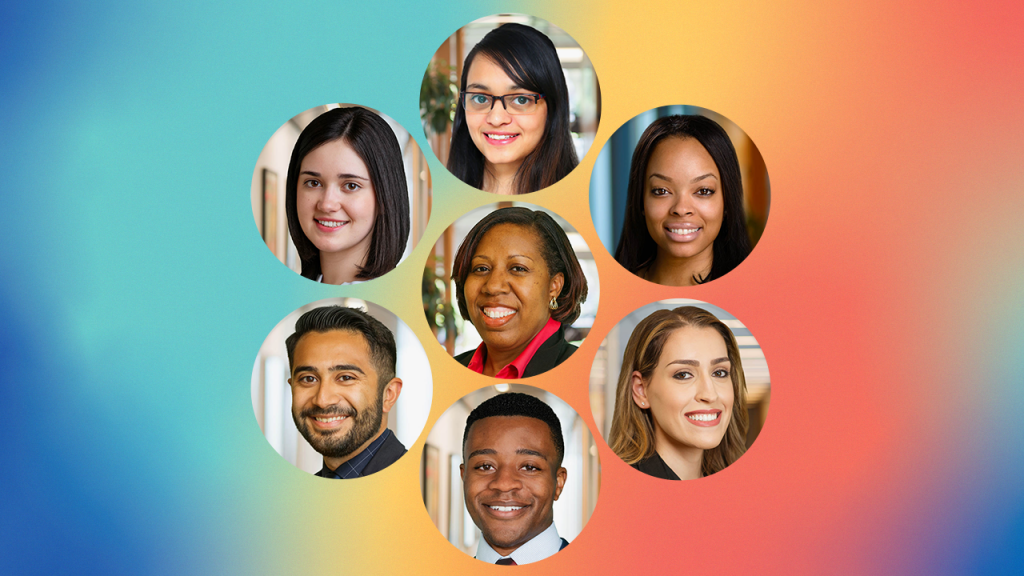 A graphic with seven circle photos of Kresge staff with Nikita Miller in the center and clockwise from the top: Devanshi Malviya, Danielle McDonald, Viktoria Palushaj, Evrard Ndongmo, Alejandro Herrera, Alison Elgass.