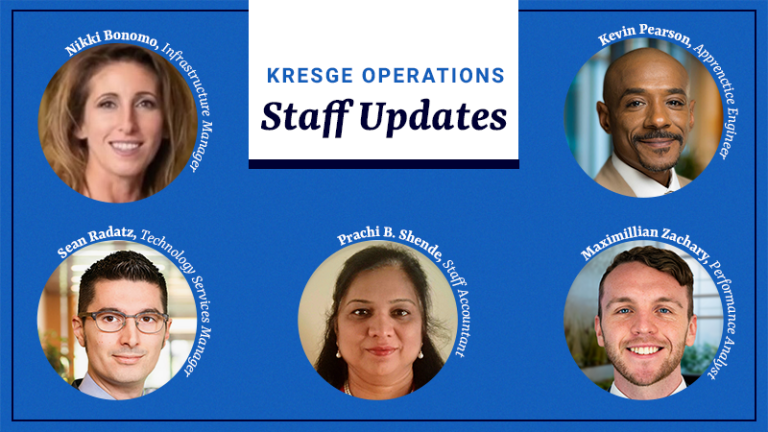 A Kresge Operations Staff Updates graphic with photos, names and titles of: Nikki Bonomo, Infrastructure Manager; Kevin Pearson, Apprentice Engineer; Sean Radatz, Technology Services Manager; Prachi B. Shende, Staff Accountant; Maximillian Zachary, Performance Analyst