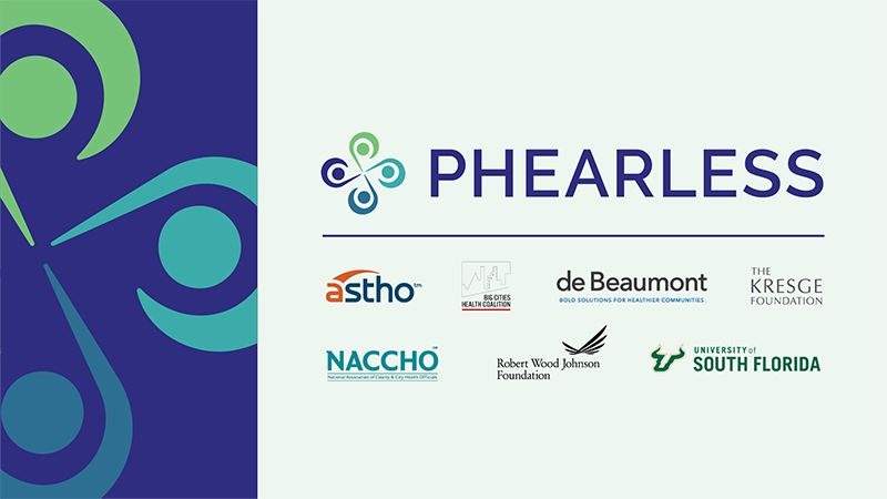 A graphic with text: PHEARLESS; and seven organization logos: ASTHO, Big Cities Health Coalition, de Beaumont, The Kresge Foundation, NACCHO, Robert Wood Johnson Foundation, University of South Florida
