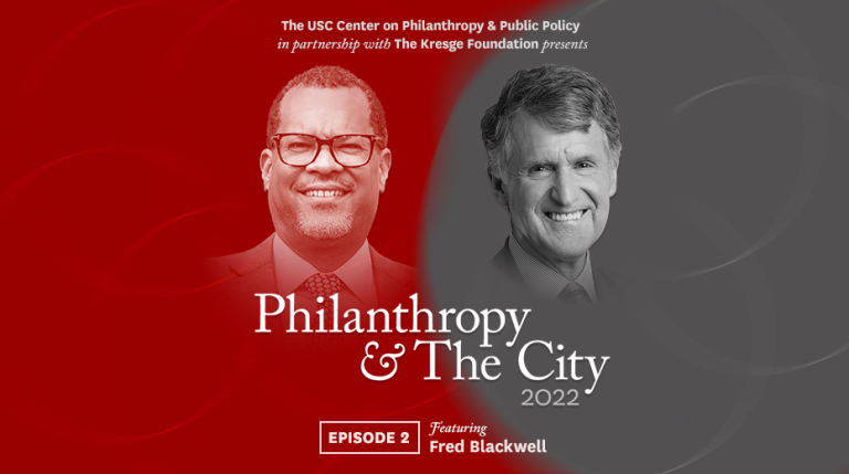 Red and grey background. Two headshots, one of Fre Blackwell, a Black man, and the other of Rip Rapson, a white man. Text reads Philanthropy & the City