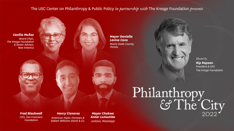 A graphic in red and grey with the text: The USC Center on Philanthropy & Public Policy in partnership with The Kresge Foundation presents Philanthropy & The City 2022 | Hosted by Rip Rapson, President & CEO, The Kresge Foundation. The graphic includes a head shot of Rip Rapson and five others with their name and title (clockwise from top left): Cecilia Muñoz, Board Chair, the Kresge Foundation & Senior Advisor, New America; Mayor Daniella Levine Cava, Miami-DADE County, Florida; Mayor Chokwe Antar Lumumba, Jackson, Mississippi; Henry Cisneros, American Triple I Partners & Siebert Williams Shank & Co.; Fred Blackwell, CEO, San Francisco Foundation.