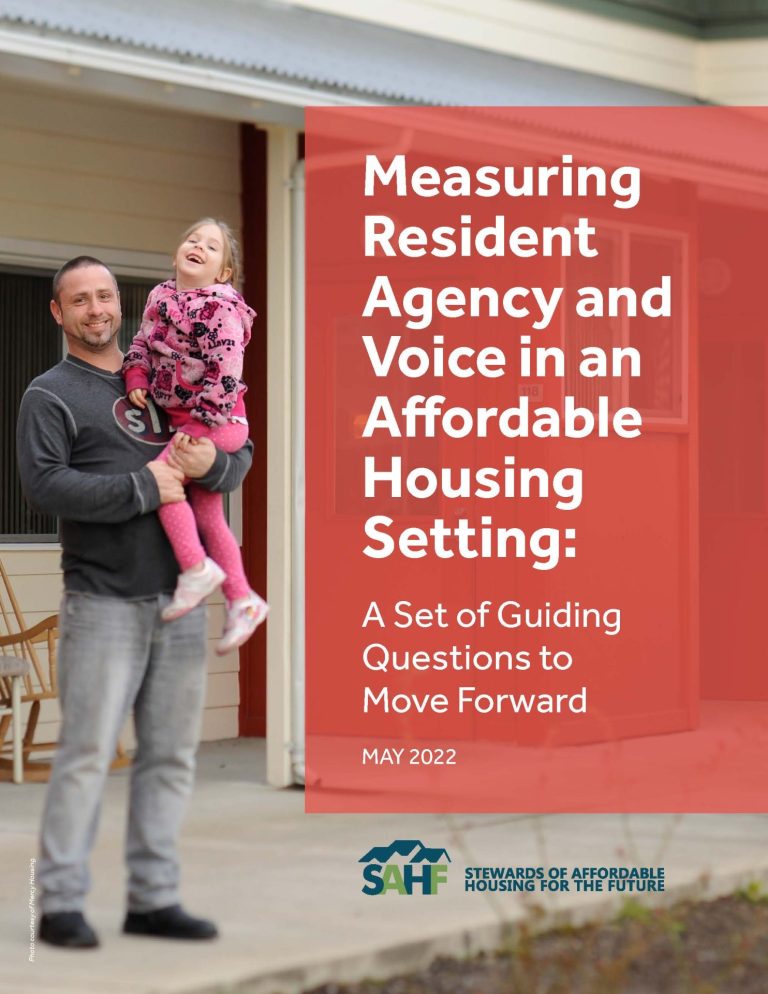 The photo shows a man holding a young girl on the front porch of a house. In a red box, the text reads: Measuring resident agency and voice in an affordable housing setting: A set of guiding questions to move forward.