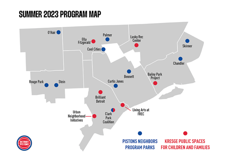 A Summer 2023 Program 16 for the location of the Pistons Neighbors Parks and Kresge Public Spaces for children and families
