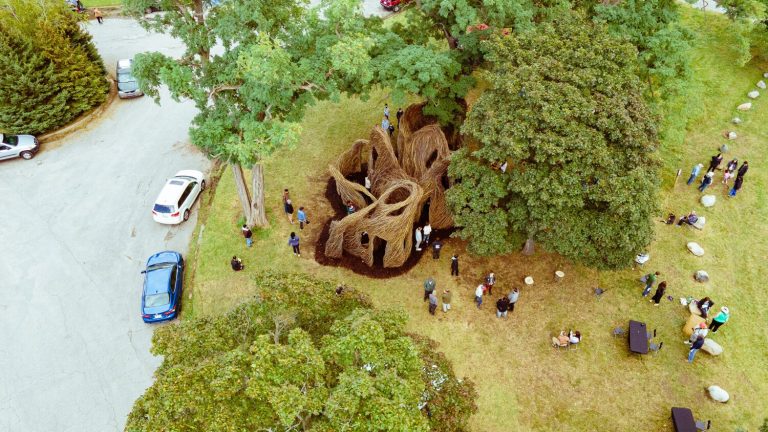 Aerial view of park showing parked cars along a drive, a walk-through roofless maze-like structure seemingly made from tree branches and sapling trunks, and a smattering of people.